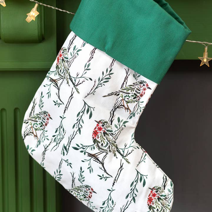 Poinsettia Robin Christmas Stocking for wholesale by Sarah Leask Studio