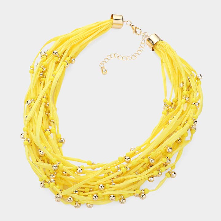 Sensibling Corp. - Wholesale Bib Necklace - Metal Ball Beads Pointed Raffia Thread Multi Layered Necklace7