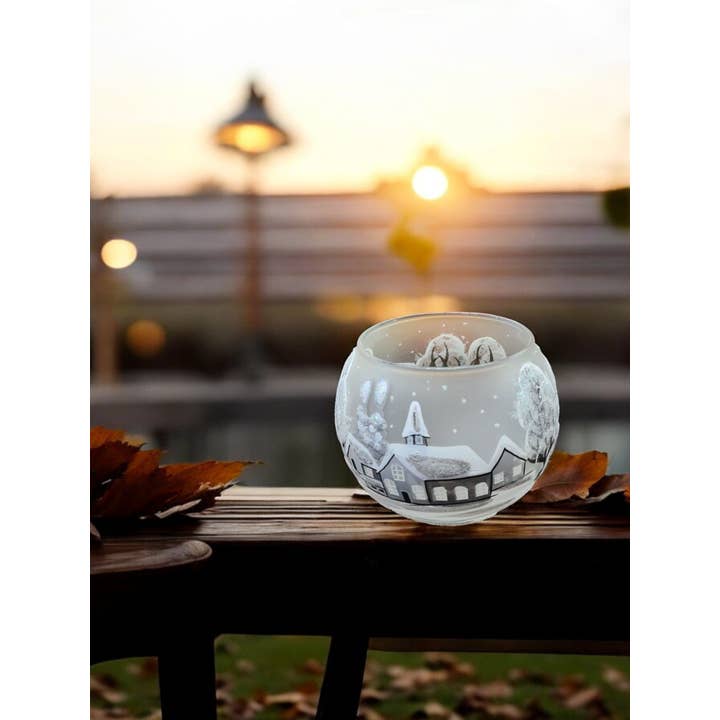 Glass by Iness - Wholesale Candle Holder - Small Frosted Glass Candle Holder, Hand Crafted in Ukraine, White Church Winter Wonderland, Wonderful Year Round3