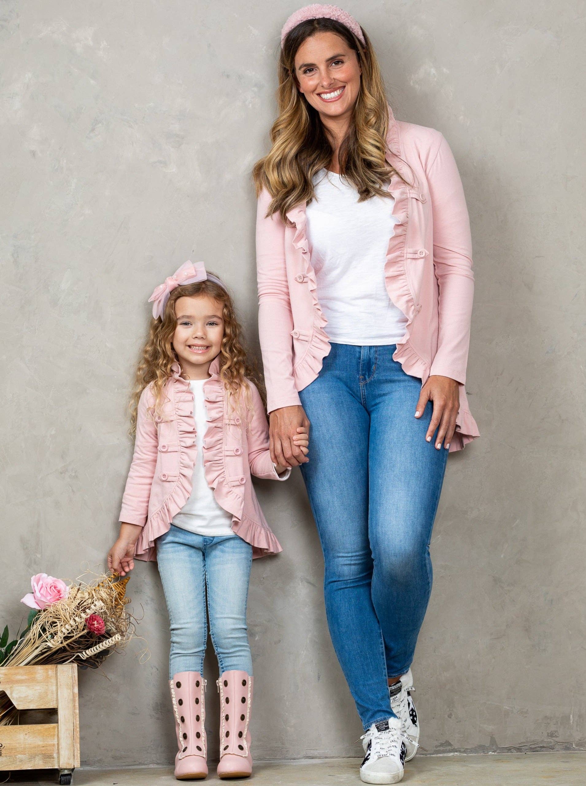 Rosa polveroso Cardigan blazer con volant coordinato mamma e bambina in vendita all'ingrosso su Faire3