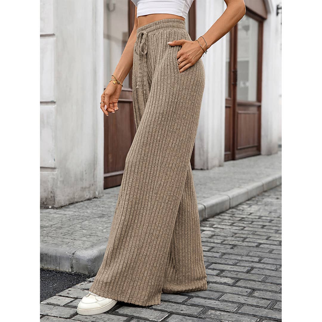 UNISHE - Wholesale Pants - Women's - Solid Drawstring Ribbed Brushed Elastic Waist Pants HLL2834