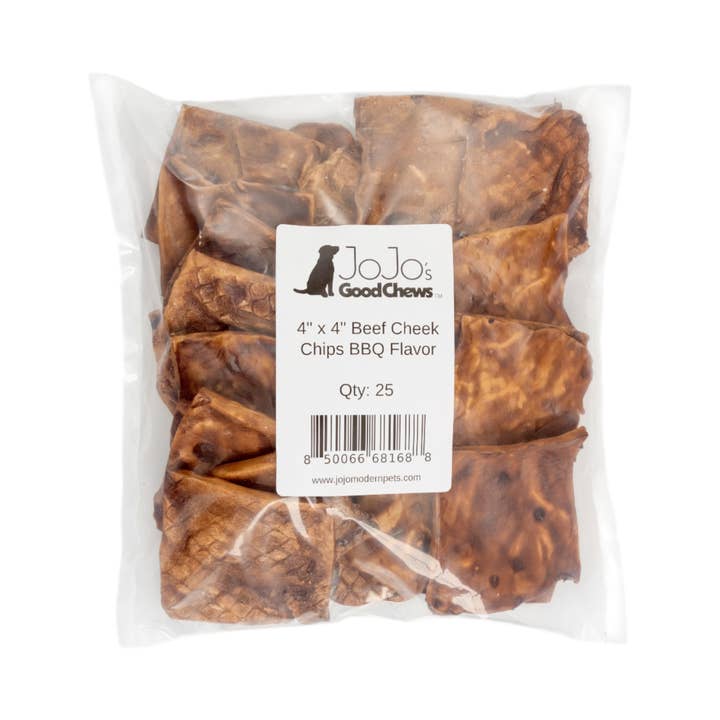 Jojo Modern Pets - Venta al por mayor Chuches - Perros - Chips de Carrillera de Res para Perros - Sabor a Barbacoa (4"x4")