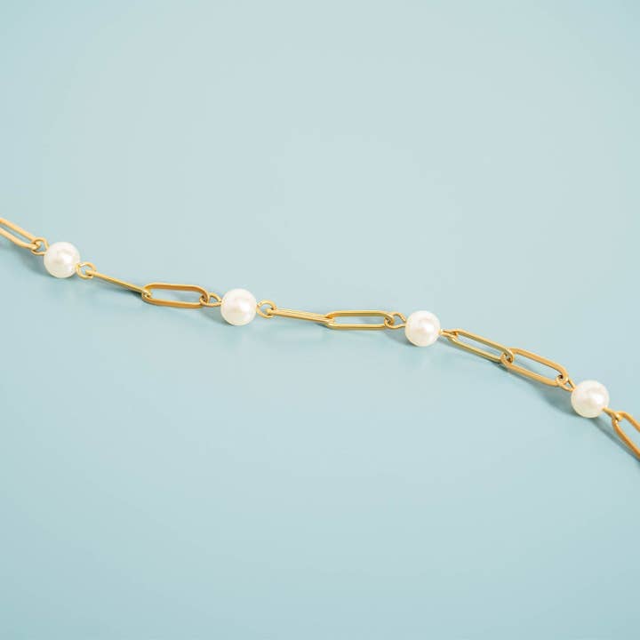 WJW - Wholesale Link & Chain Bracelet - 18K Gold PVD Steel Station Pearl Paperclip Chain Bracelet