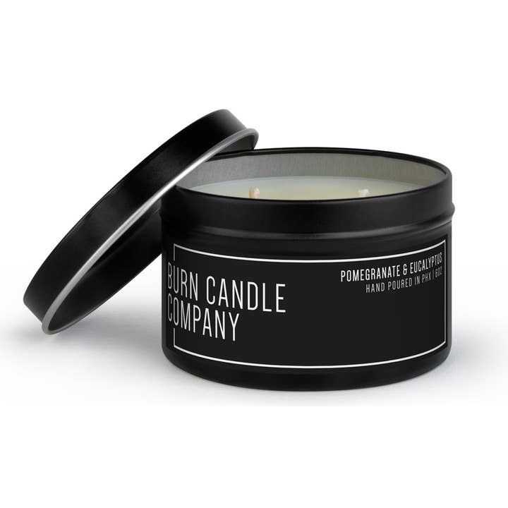 Pomegranate & Eucalyptus | Dual Wick | 8 oz Black Tin for wholesale by Burn Candle Company