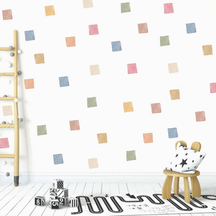 Autocollants muraux carrés aquarelle, décalcomanies pastel doux pour chambre d'enfant, formes géométriques pour chambre d'enfants, blocs de couleur douce dessinés à la main pour décoration de salle de jeux. pour la vente par Decals Online