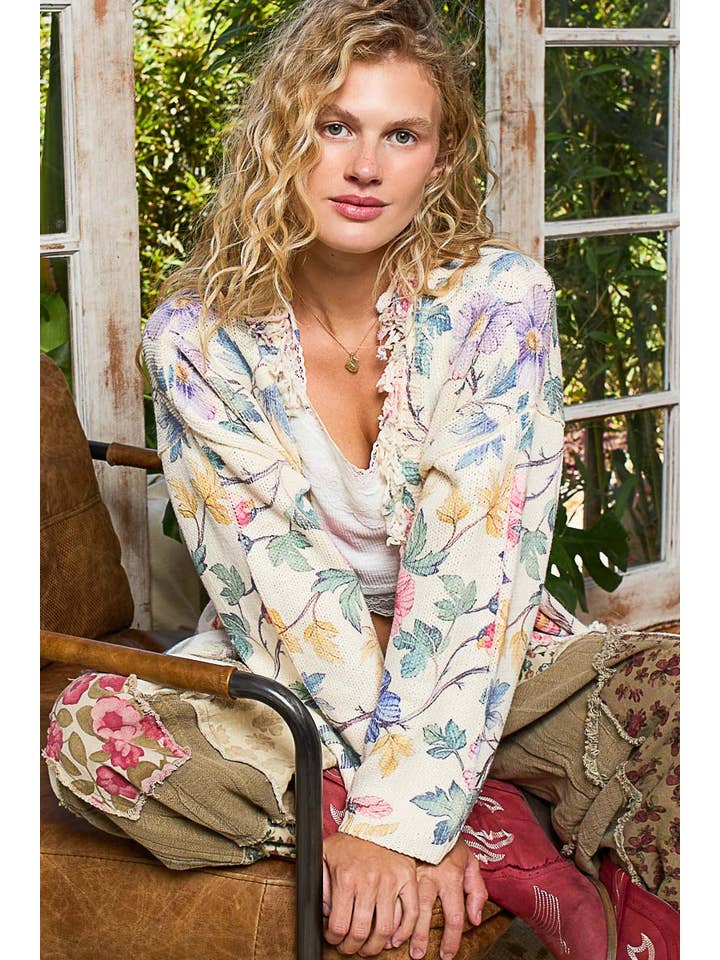 CREAM V-neck long sleeve floral print sweater cardigan top for wholesale on Faire2