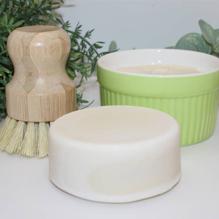 Solid Dish Soap Set with Ramekin and Bamboo Brush for wholesale by Baba Yaga Designs LLC