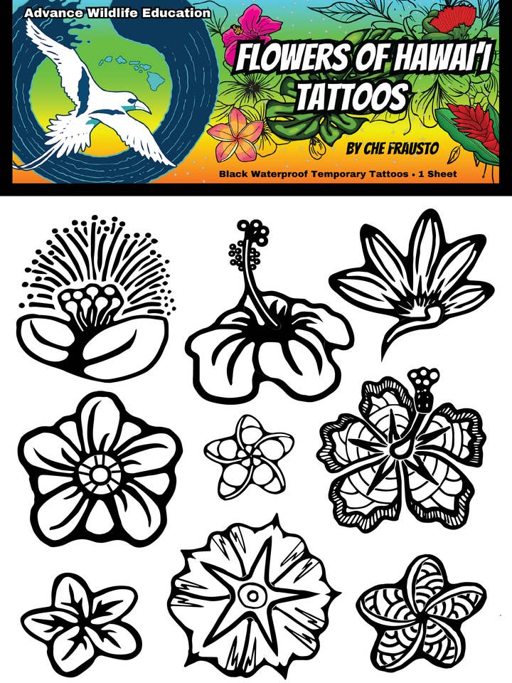 Flowers of Hawaii Temporary Tattoo Sheet - (Black) for wholesale by Advance Wildlife Education LLC