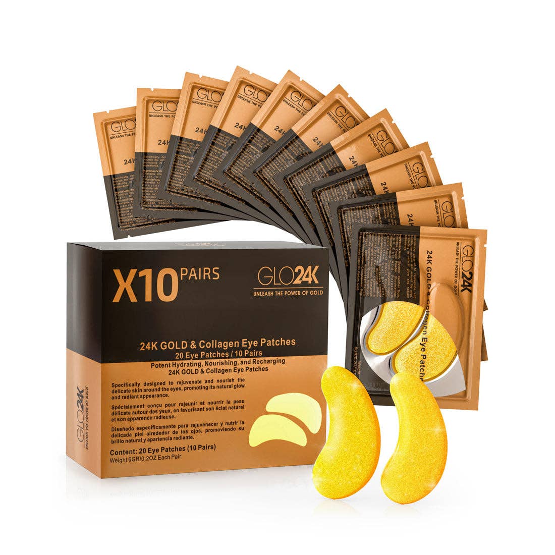 GLO24K - Wholesale Eye Treatment Mask - 24K Gold & Collagen Eye Patches (Pack of 10 Pairs/ 20 Patches)