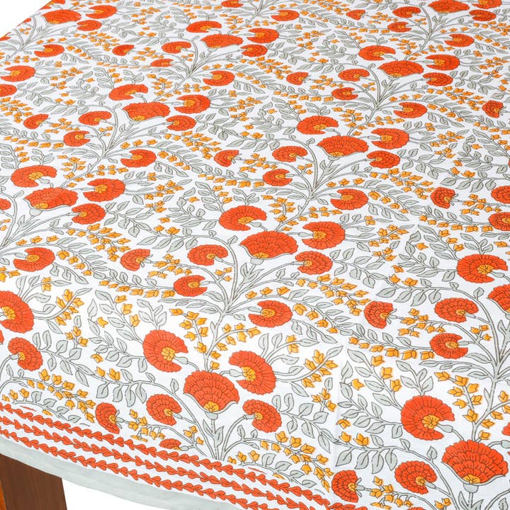 Tiramisu - Wholesale Tablecloth - Scarlet & Slate: Floral Block Print Cotton Tablecloth