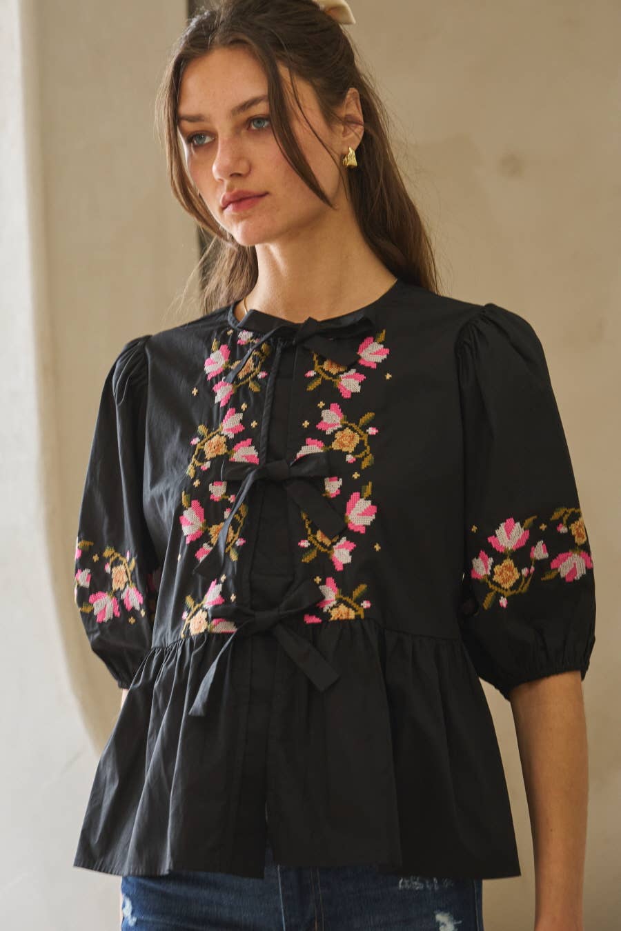 Oddi - Vendita all'ingrosso Camicetta - Donna - Blusa in popeline con fiocco frontale.0