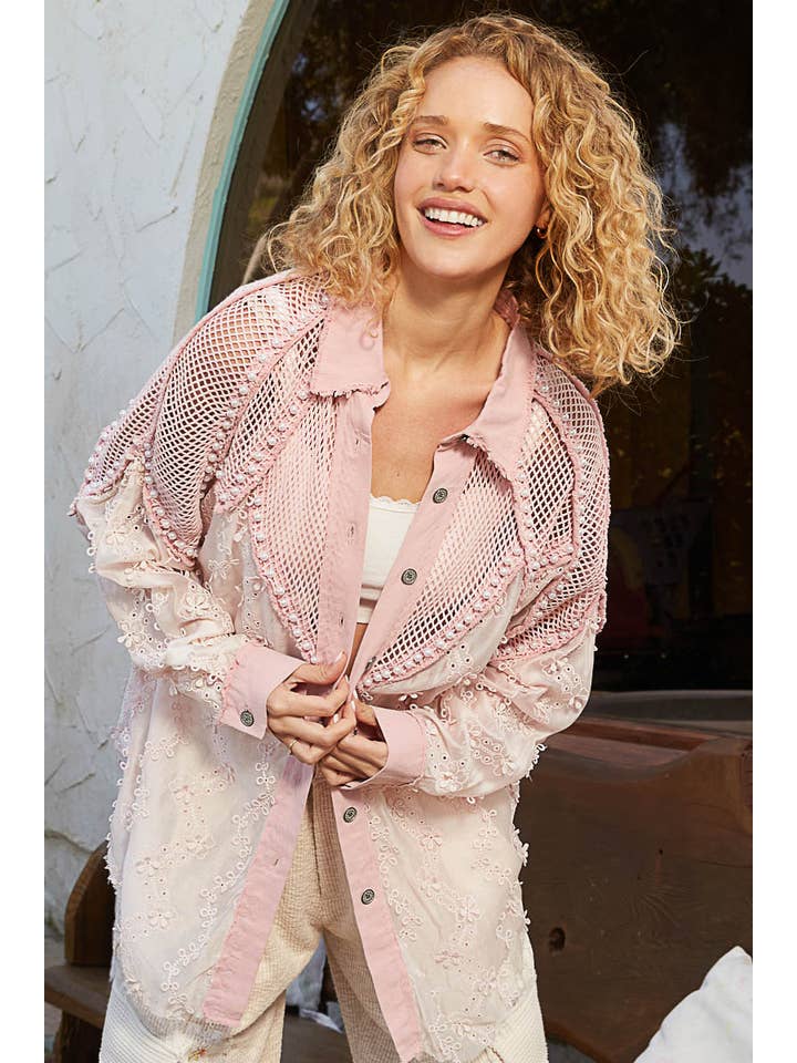 Pol Clothing - Wholesale Button Down Shirt - Women's - See through crochet patch peral trim button down shirt