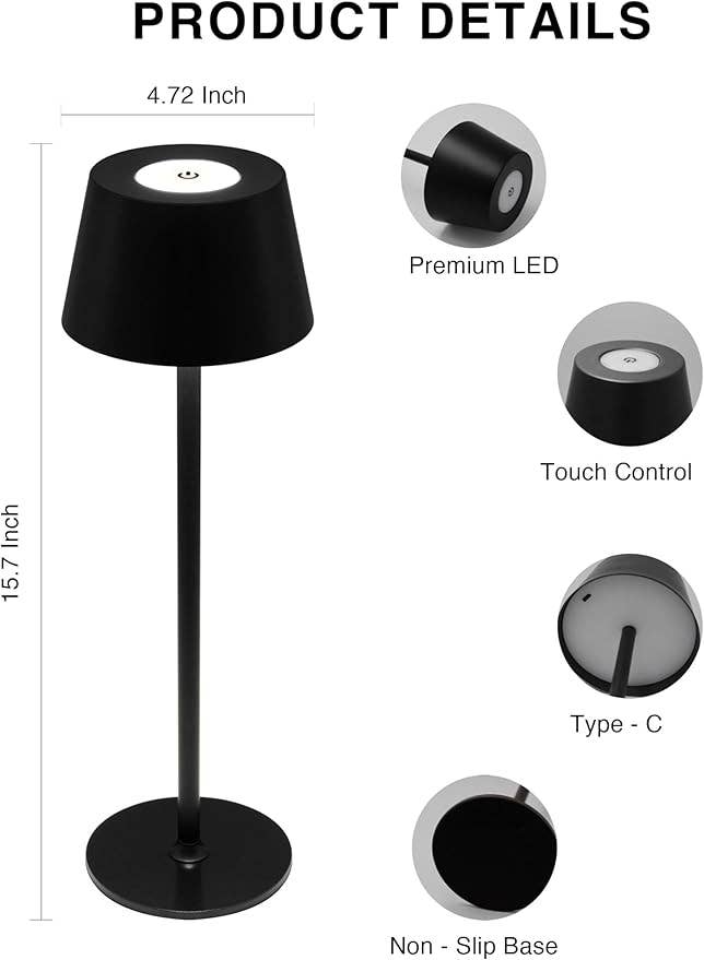 LivingTaste Home Inc – Engroshandel Skrivebordslampe – 2-pak trådløse LED bordlamper med 5000mAh genopladeligt batteri, sort3