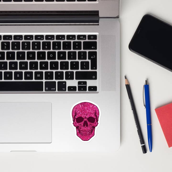 Merry May – wholesale Sticker – Pink Glitter Skull Vinyl Sticker, 2" x 3"