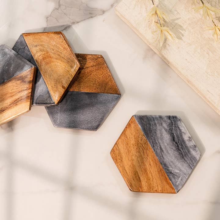 LuxeDesigns Co LLC - Wholesale Coasters - Artisan Marble and Wood Hexagon Coaster Set of 4 - Black5