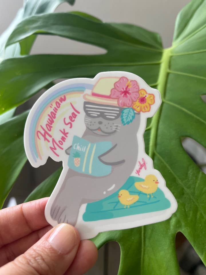 Kawaii Chilling Out Monk Seal Sticker - Kawaii Hawaii for wholesale by Island Stickers & More / Yuriko J. Design