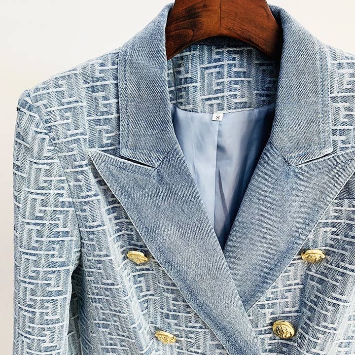 Blau Slim Fit Damenblazer aus Jacquard-Denim mit goldenen Löwenknöpfen für den Großhandel auf Faire1