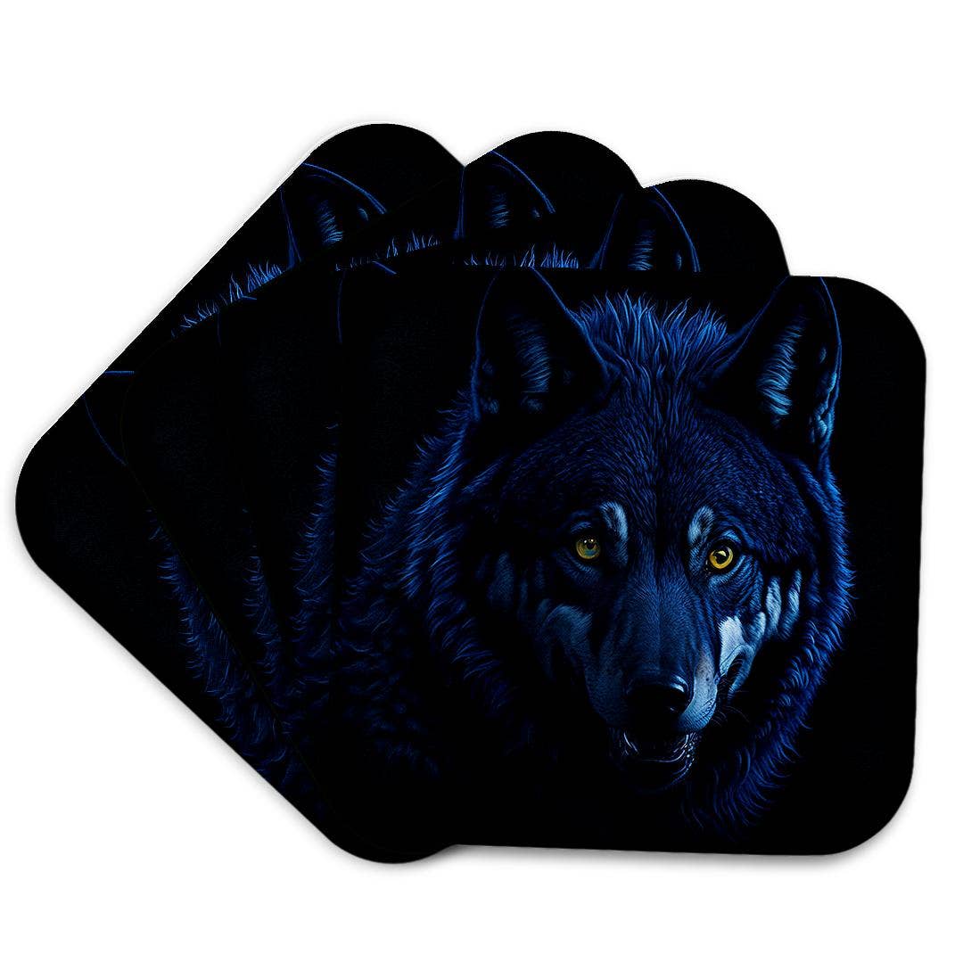 3dRose - Wholesale Coasters - 3dRose, Mystical, magical wolf portrait. Yellow eyes. Dark blue, black gift, Coaster7