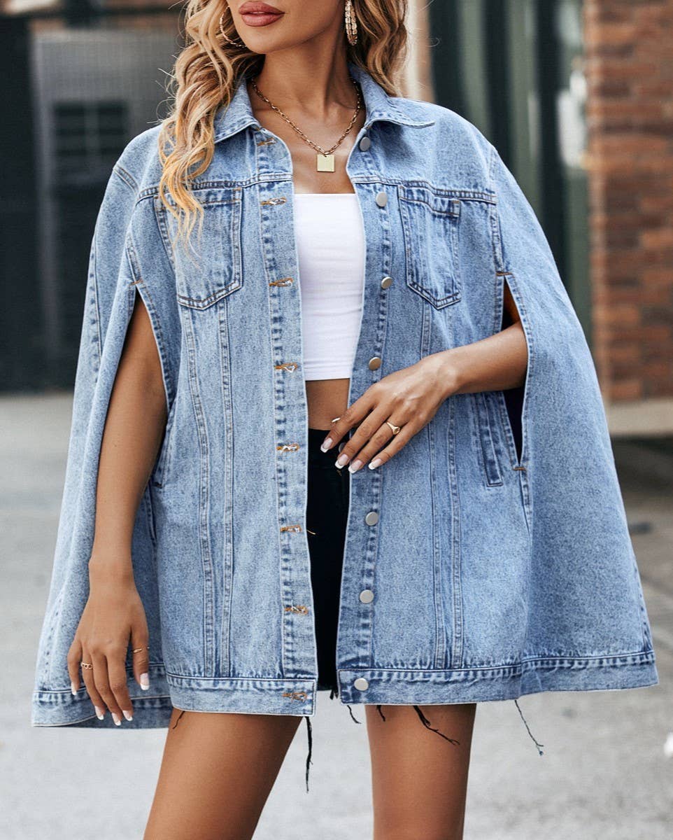 Blue Lapels With Irregular Cuffs Cape Denim Jacket for wholesale on Faire1