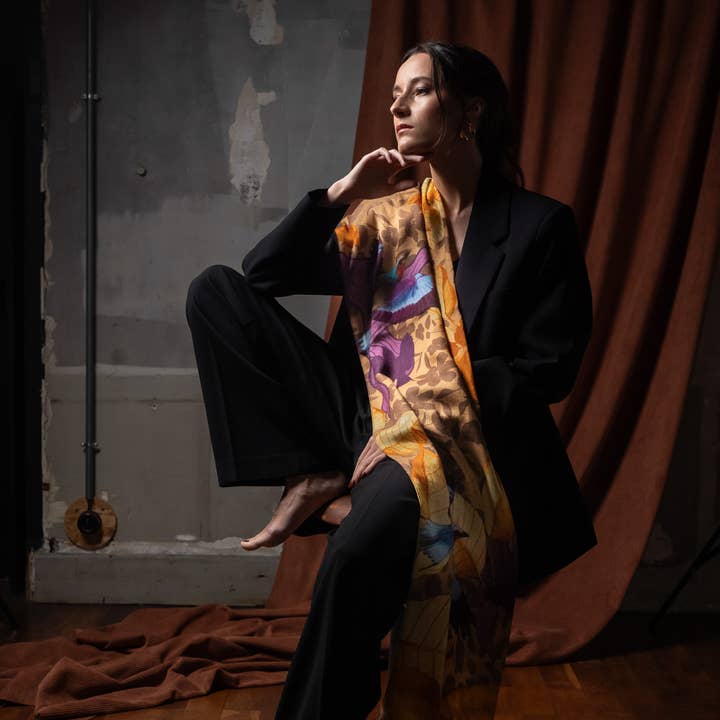 Lined wool scarf 160x35cm printed AMBER LAUREL for wholesale by FST le french studio