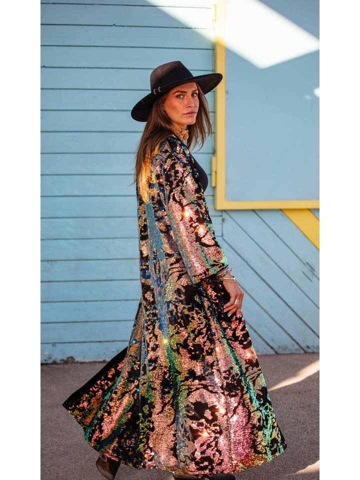 Festivo kimonos – Kimono - Mulher por atacado – Kimono de veludo iridescente com paetês flip flop1