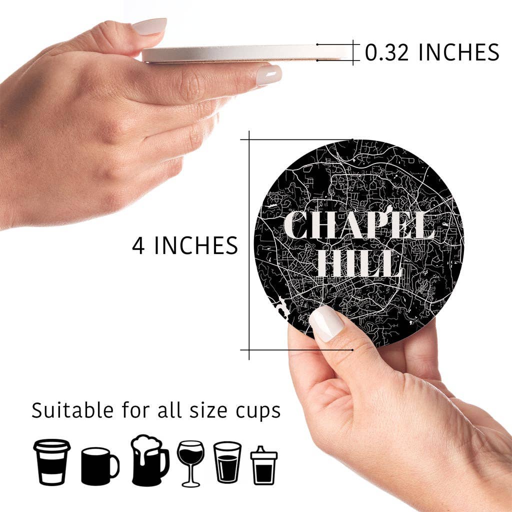 Love Local - Wholesale Coasters - Minimalistic B&W North Carolina Chapel Hill Maps | Absorbent Coasters | Set of 4 | Min 25