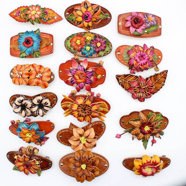Sunflower Handmade leather inc - Wholesale Barrette - Women's - as0003-2 6 pcs woodstick and 6 pcs metal leather barrettes4