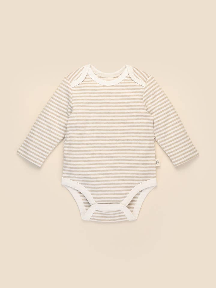Comfy baby long sleeve bodysuit - Oat stripes for wholesale by Lūmmi in Colour Babywear