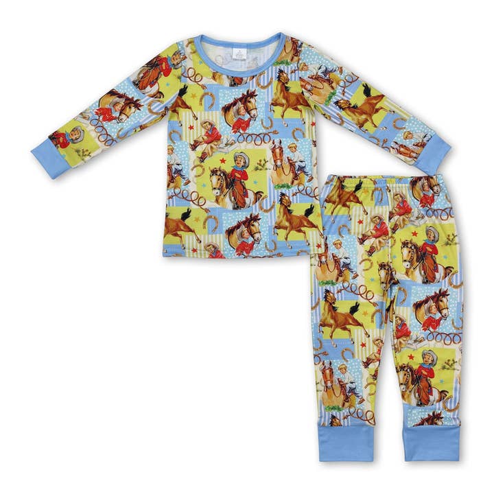 Light blue long sleeves horse rodeo kids pajamas for wholesale by Yawoo Garments