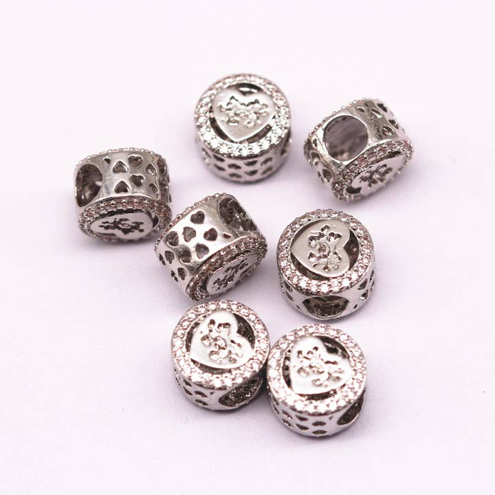 CRCBEADS - Wholesale Individual charm/pendant - Silver Plated Micro Pave Zircon Flat Wheel Charm Size 11x8mm Sold per Piece3