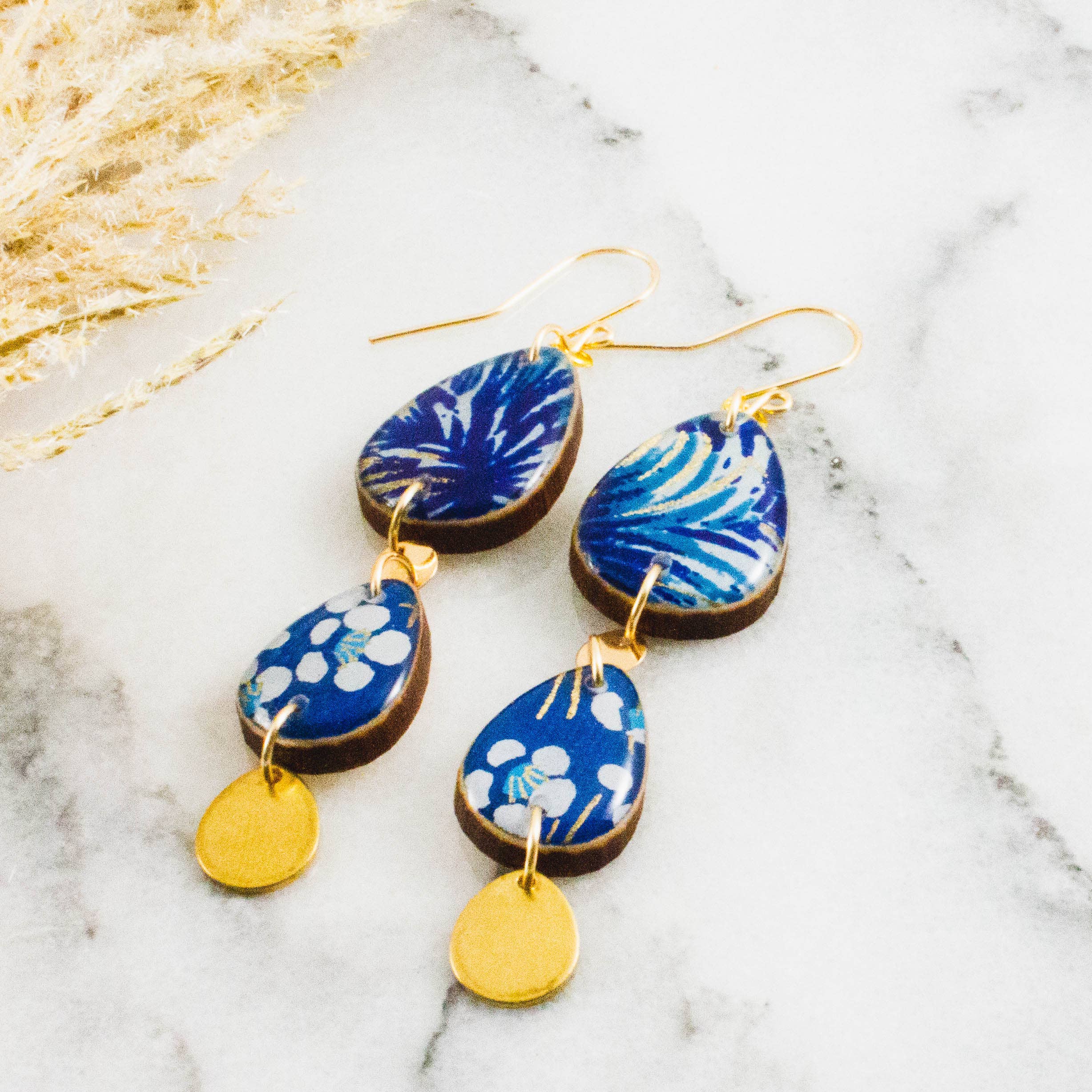 No Man's Land - Wholesale Dangle Earrings - Triple Long Raindrop Earrings- Royal Blue + Gold1