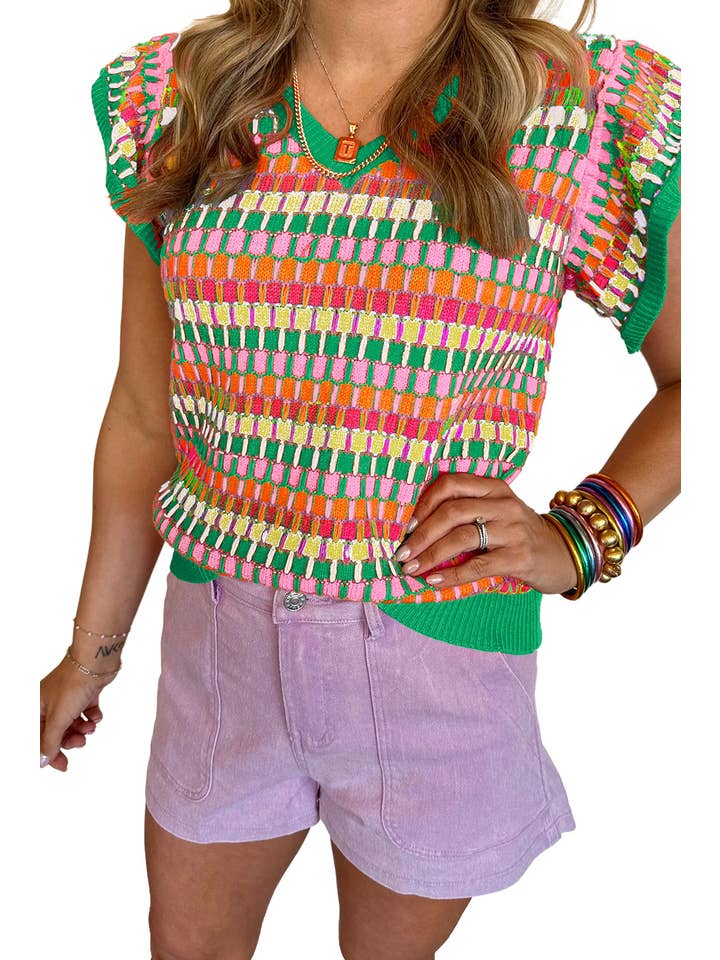 PRETTY BASH - Wholesale Knit Top - Women's - Stripe Flutter Sleeve Sweater Top