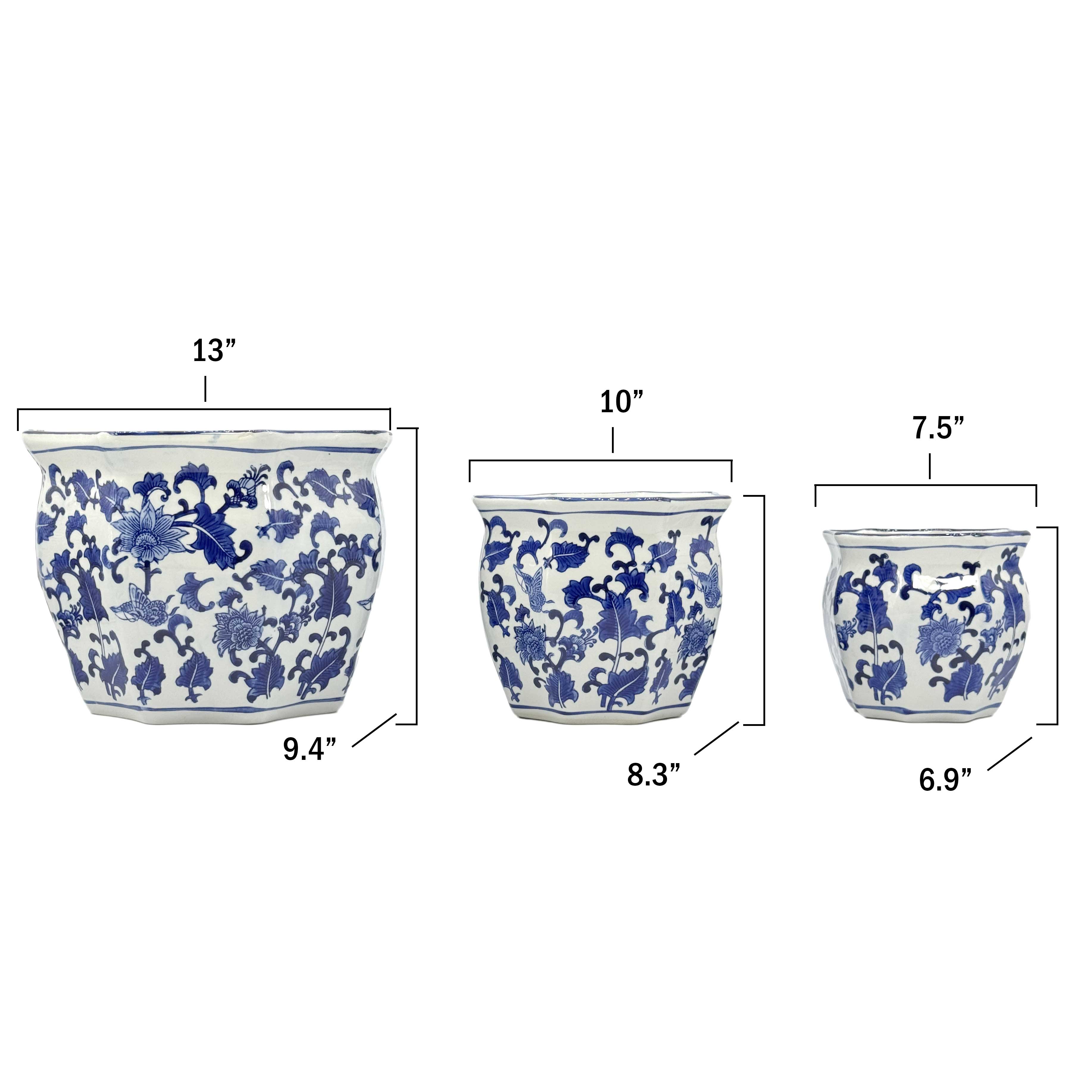 Galt International Company - Vendita all'ingrosso Vasi per piante - Set di 3 vasi per fioriere in ceramica Chinoiserie, 7,5"/10"/13"1