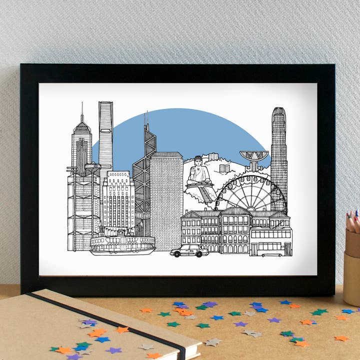 Hong Kong Skyline Landmarks Art Print - unframed for wholesale by Becka Griffin Illustration