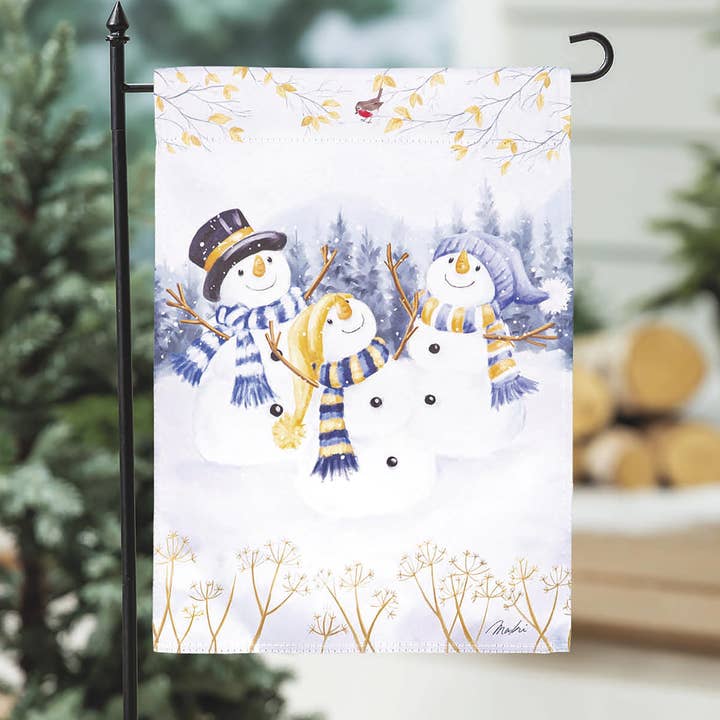 Happy Snowmen Trio Suede Garden Flag for wholesale by Evergreen Enterprises