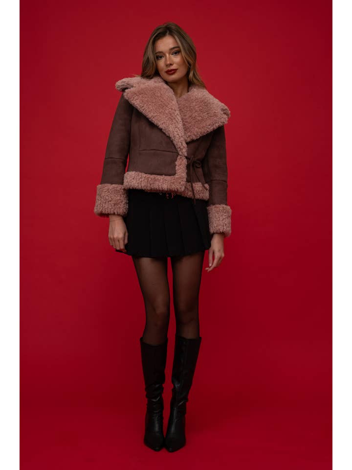Brown FAUX SUEDE SHEARLING JACKET (LOOKBOOK) for wholesale on Faire