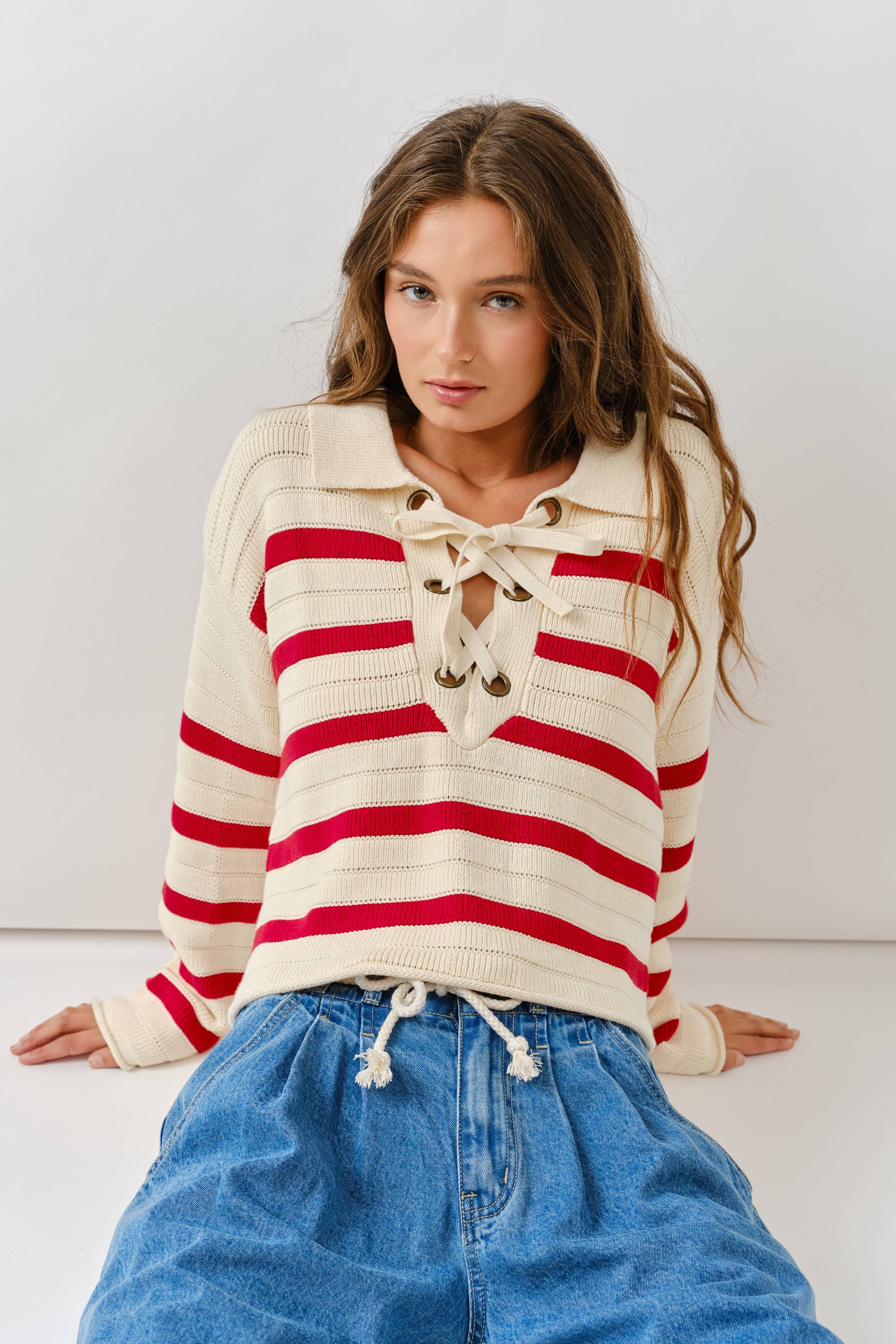 Aaron & Amber - Wholesale Knit Sweater - Women's - AJT5089 LACE UP RELEXED FIT STRIPE SWEATER5