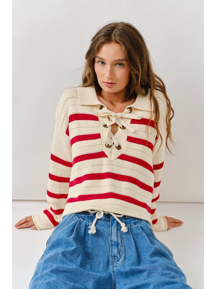 Aaron & Amber - Wholesale Knit Sweater - Women's - AJT5089 LACE UP RELEXED FIT STRIPE SWEATER5