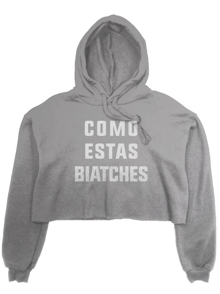 "Como Estas Biatches" Fleece-Crop-Hoodie für den Großhandel von Amp'd Apparel Company