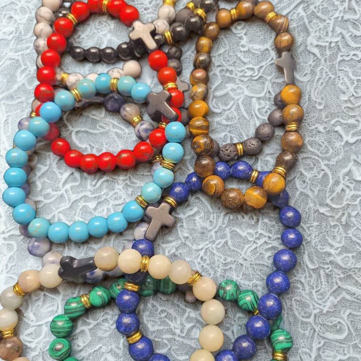 Paradise Island Gold and Silver - Wholesale Beaded Bracelet - 8mm Stone Tone Beaded Bracelets with Gold Cross & Spacers