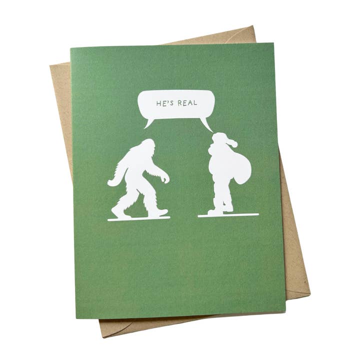 Five Dot Post - Wholesale Hanukkah Card - He’s Real – Funny Sasquatch and Santa Holiday Card