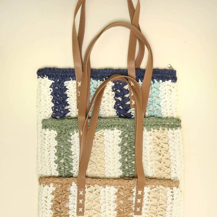 Woven Striped Shoulder Tote Bag for wholesale by SP Sophia Collection