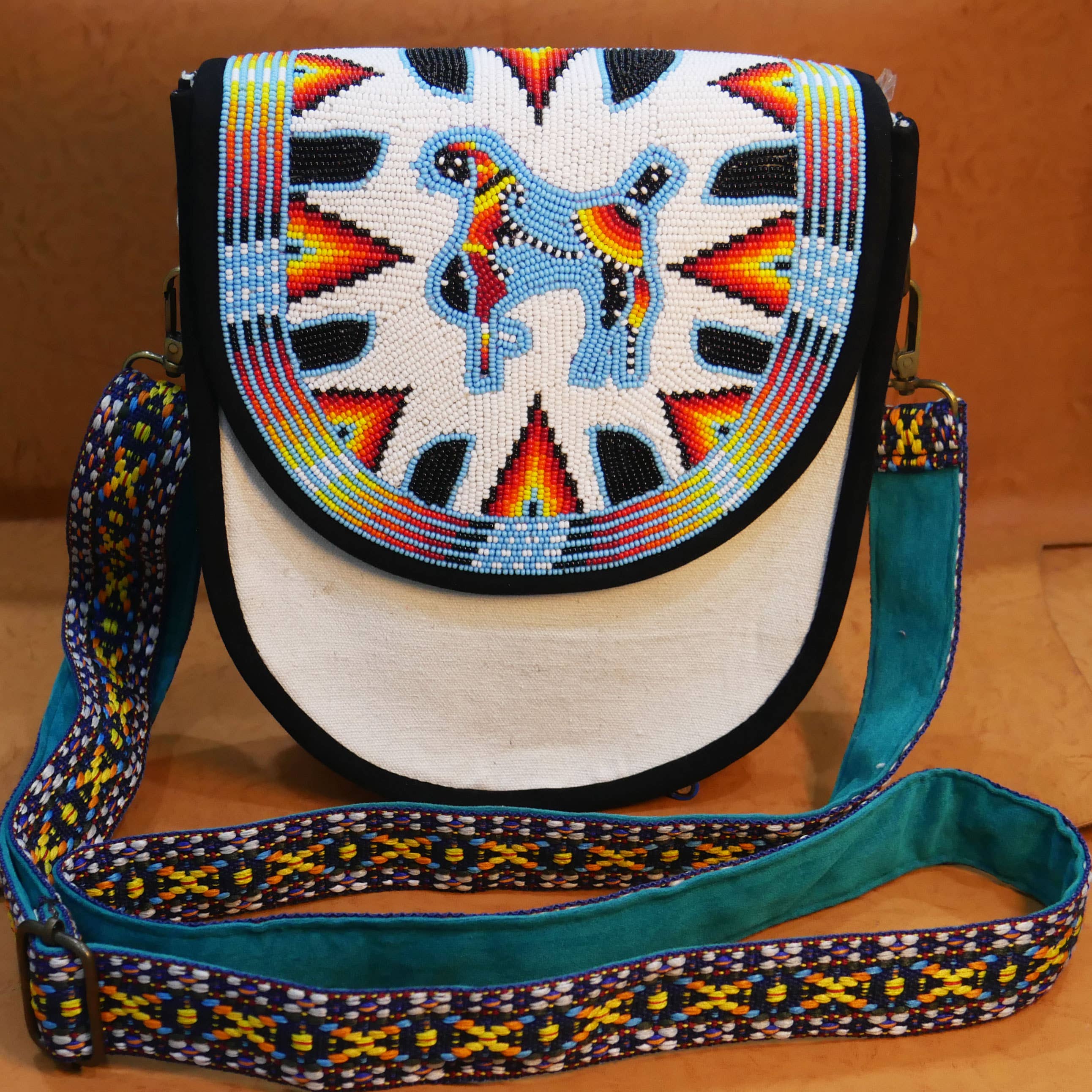 KANGURAH - Wholesale Crossbody Bag - Unisex - Black Bear-paw Native American Beaded Canvas Crossbody Bag6