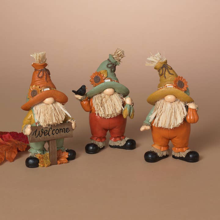 Gerson Fall/Harvest 6.6"H Resin Harvest Gnome Scarecrow, 3 A for wholesale by The Gerson Companies