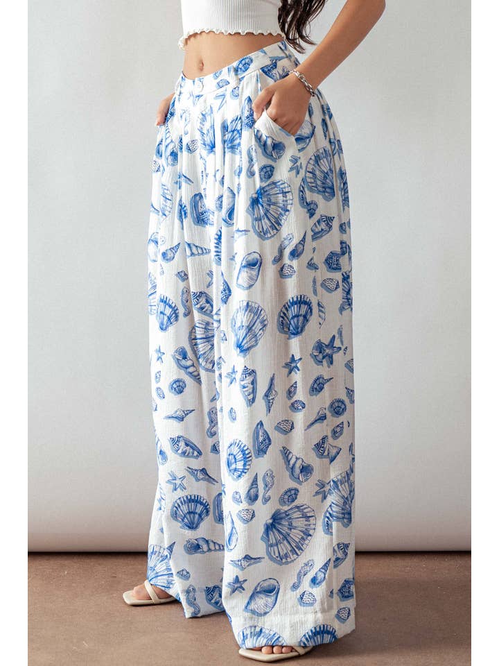 WHITE BLUE Seashell Print High-Waisted Wide-Leg Pants for wholesale on Faire