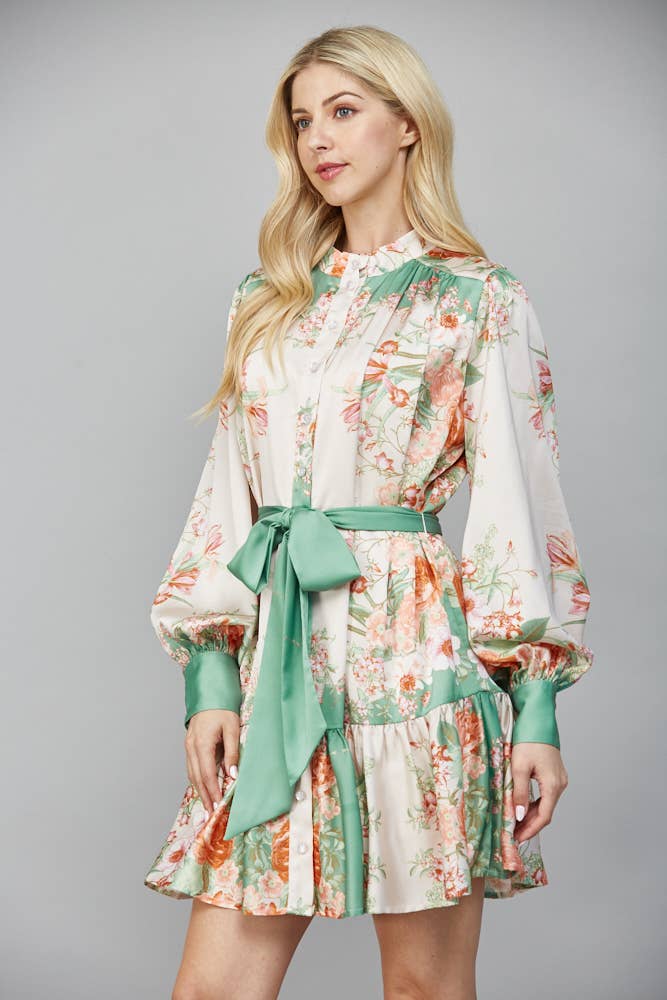 TAN SAGE MULTI HIGH NECK SELF TIE WAIST BUTTON DOWN DRESS FD30385 for wholesale on Faire2