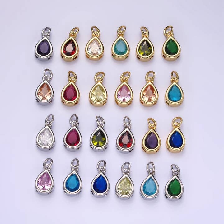 Ciondolo personalizzato a goccia con pietra di nascita in zircone cubico CZ incastonato in argento e oro, riempito in oro 14K da 15mm | N1624 - N1647 per la vendita all'ingrosso da parte di Aim Eternal