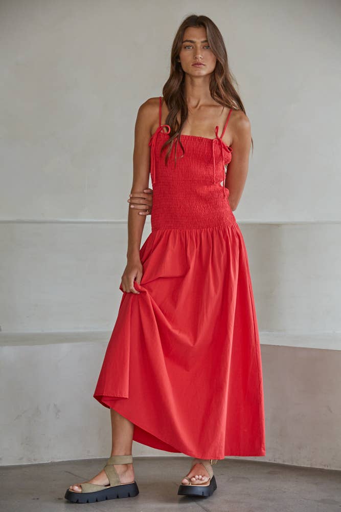 Ruby Red L9602 | Woven Cotton Sleeveless Smocked Midi Dress for wholesale on Faire0