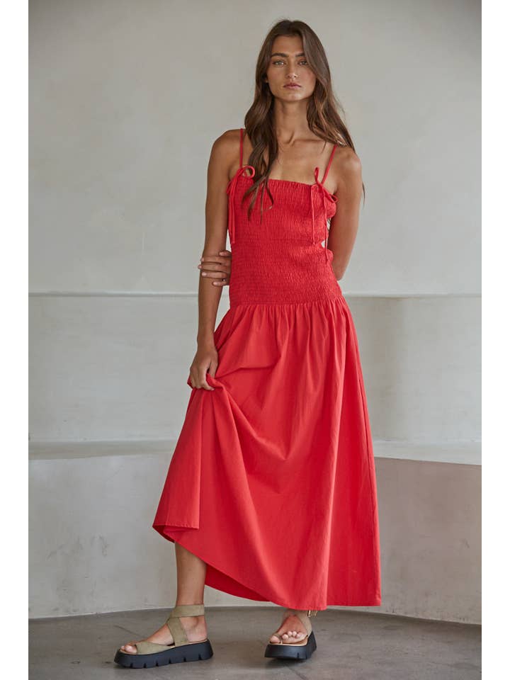 Ruby Red L9602 | Woven Cotton Sleeveless Smocked Midi Dress for wholesale on Faire