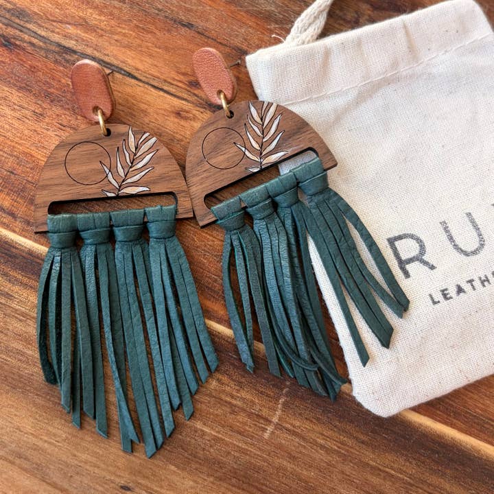 Leather Fringe + Boho Wood Statement Earring, Green for wholesale by Rux Leather